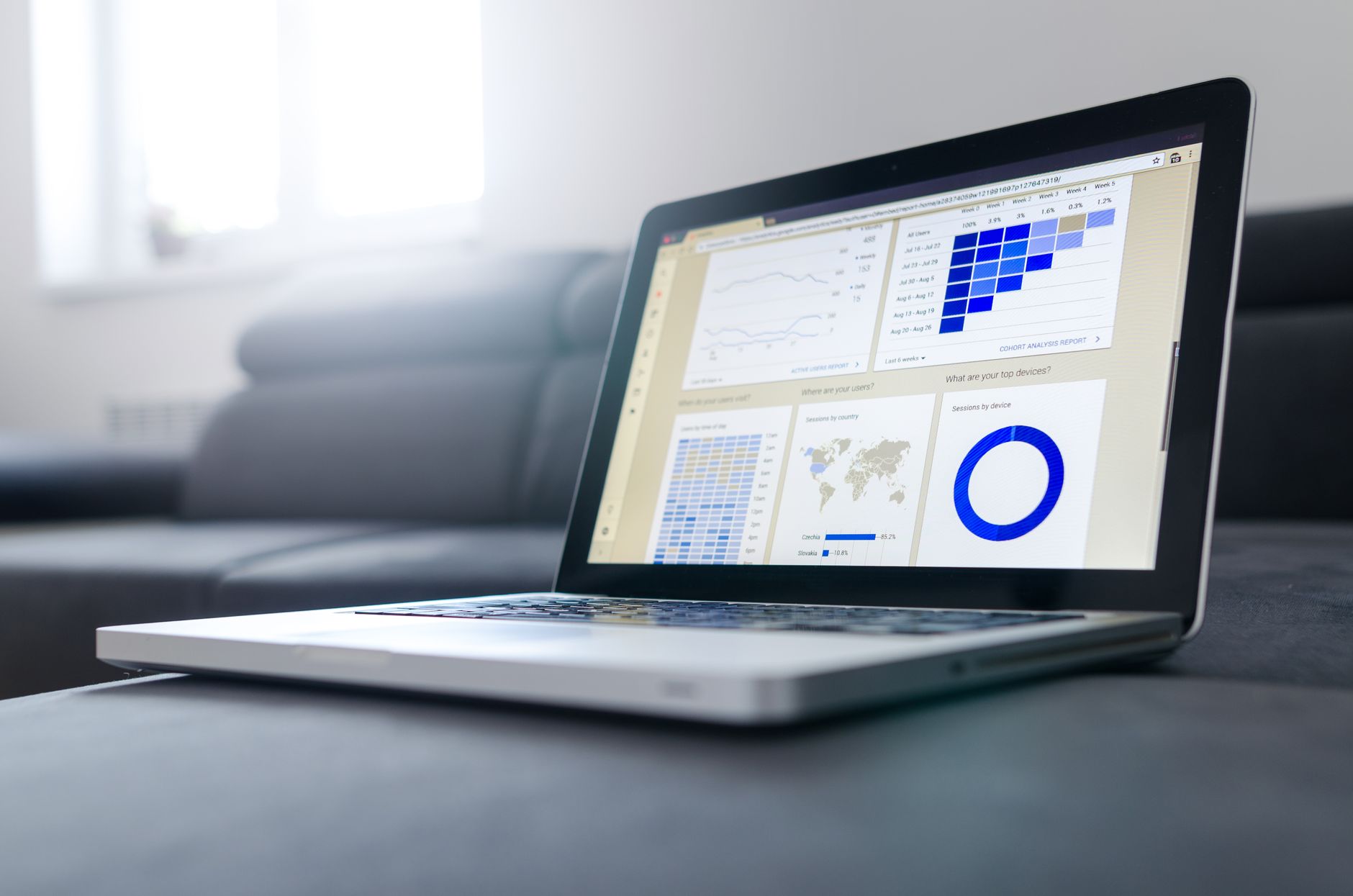 Business owner reviewing call activity and analytics on a laptop dashboard